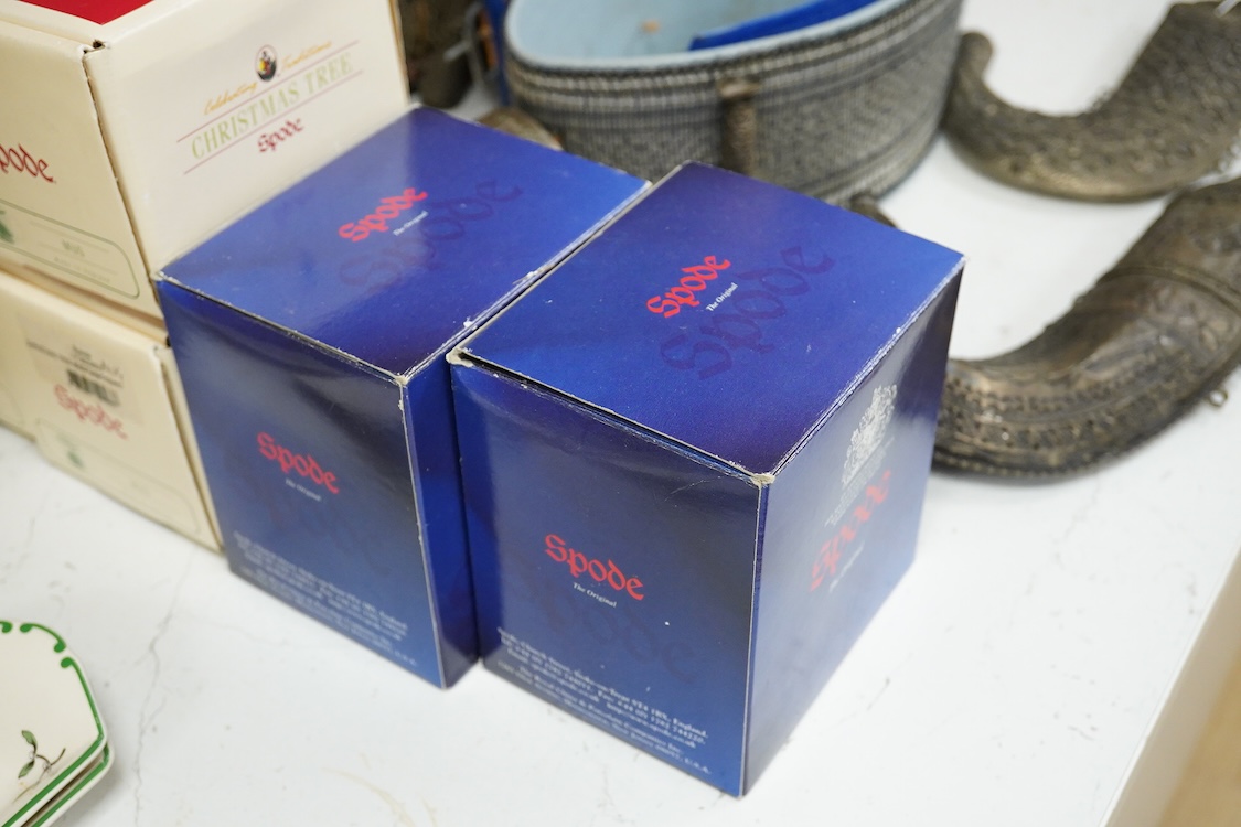 A Spode table service, Christmas Tree pattern. S 3324 to include a set of four bowls, platter and dishes, with some boxes, largest 36cm wide